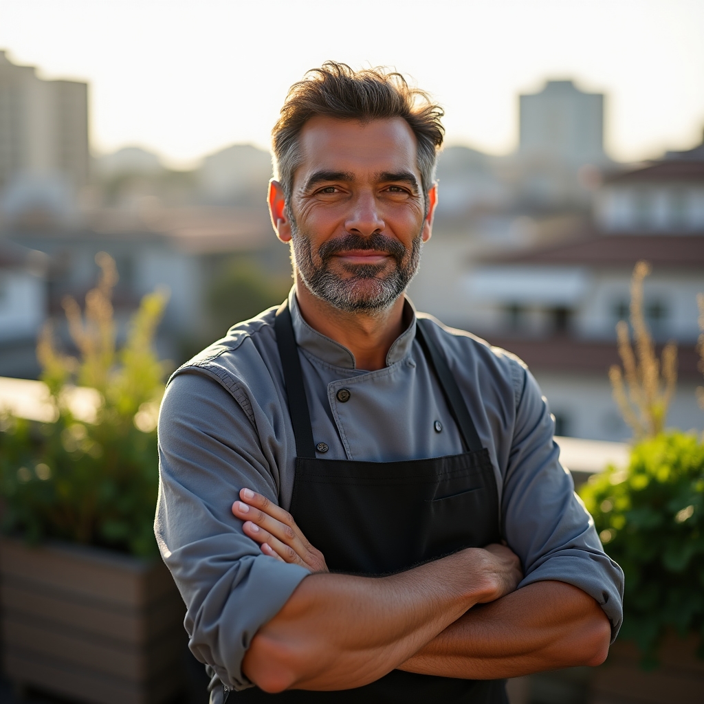 Chef ritratto in cucina durante l'intervista sul cambio di ristorante