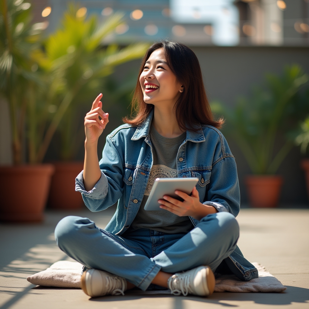 Designer freelance intervistata su una terrazza durante la registrazione dell'episodio